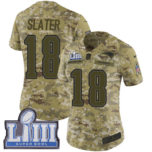 Patriots #18 Matt Slater Camo Super Bowl LIII Bound Women's Stitched Limited 2018 Salute To Service Jersey