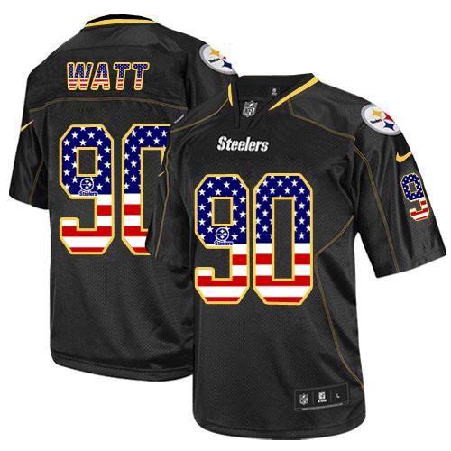 Steelers #90 T. J. Watt Black Men's Stitched Elite USA Flag Fashion Jersey