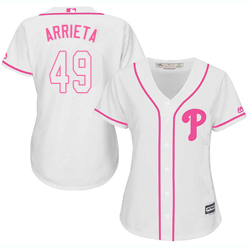 Philadelphia Phillies #49 Jake Arrieta White/Pink Fashion Women's Stitched Jersey Womens