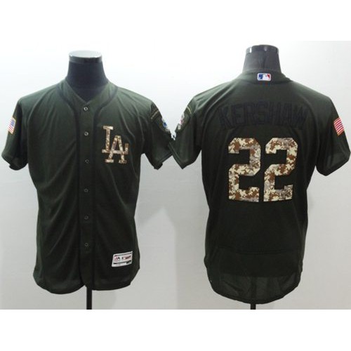 Los Angeles Dodgers #22 Clayton Kershaw Green Flexbase Authentic Collection Salute to Service Stitched Jersey Men's