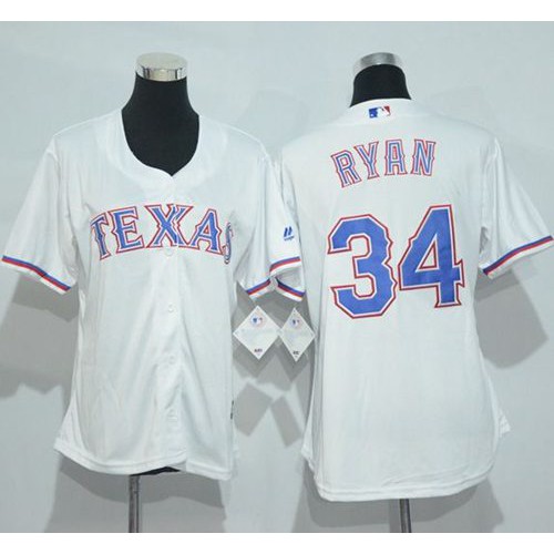 Texas Rangers #34 Nolan Ryan White Women's Home Stitched Jersey Womens