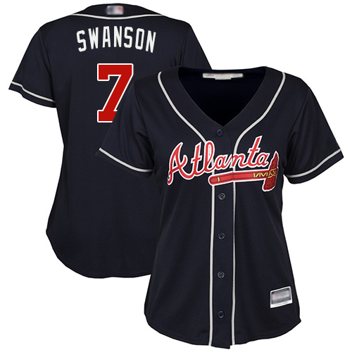 Atlanta Braves #7 Dansby Swanson Navy Blue Alternate Women's Stitched Jersey Womens