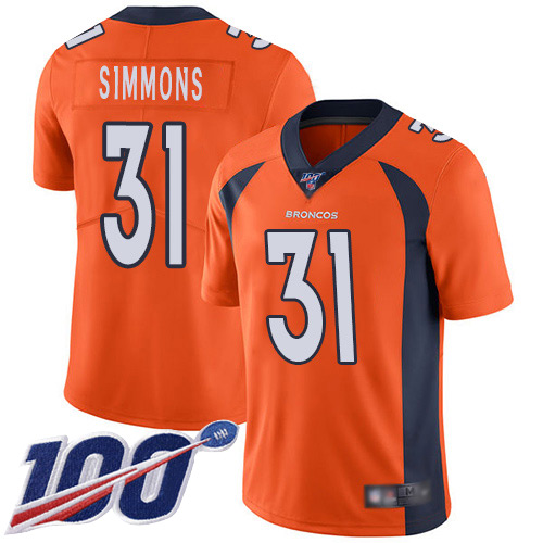 Broncos #31 Justin Simmons Orange Men's Stitched 100th Season Vapor Limited Jersey