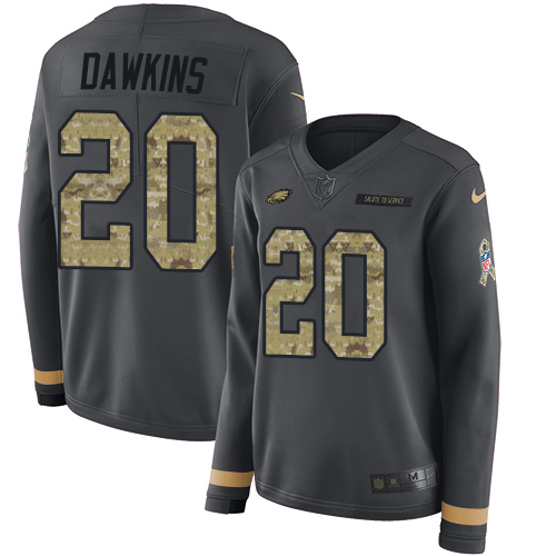 Eagles #20 Brian Dawkins Anthracite Salute To Service Women's Stitched Limited Therma Long Sleeve Jersey