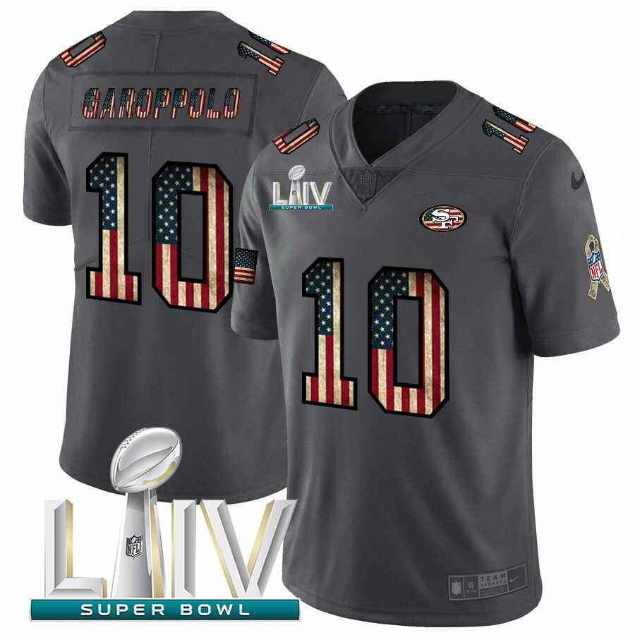 San Francisco 49ers #10 Jimmy Garoppolo Black Super Bowl LIV 2020 2018 Salute To Service Retro USA Flag Limited Jersey