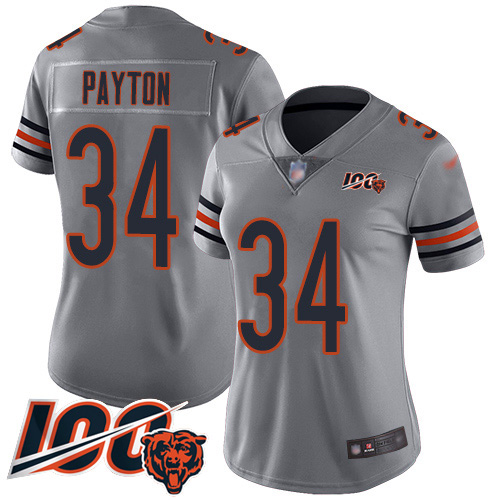 Bears #34 Walter Payton Silver Women's Stitched Limited Inverted Legend 100th Season Jersey