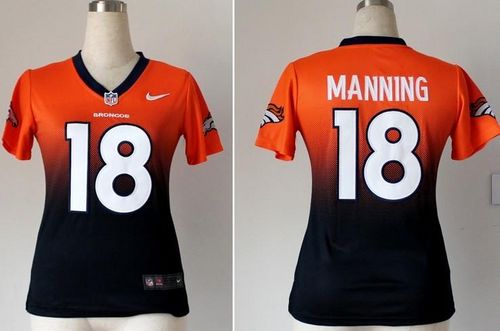 Broncos #18 Peyton Manning Orange/Blue Women's Stitched Elite Fadeaway Fashion Jersey