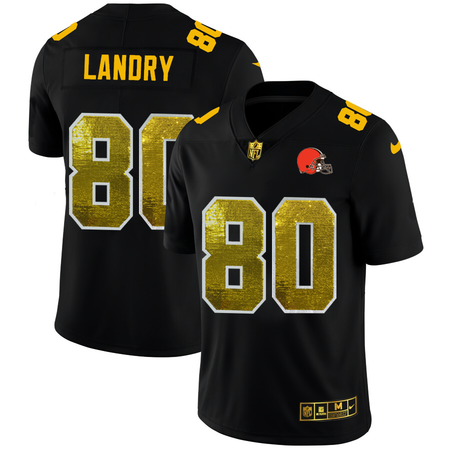 Cleveland Browns #80 Jarvis Landry Men's Black Golden Sequin Vapor Limited Jersey