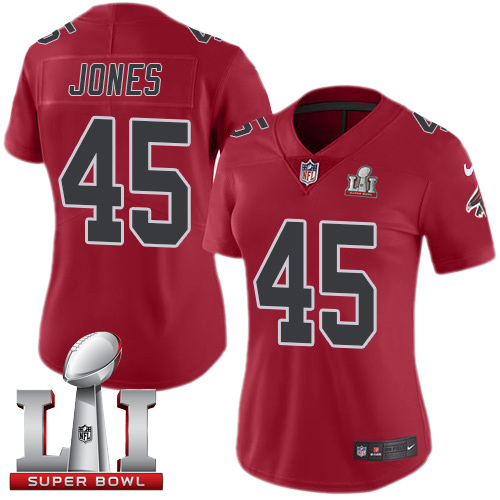 Atlanta Falcons #45 Deion Jones Red Super Bowl LI 51 Women's Stitched Limited Rush Jersey Womens