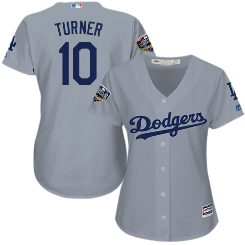 Los Angeles Dodgers #10 Justin Turner Grey Alternate Road 2018 World Series Women's Stitched Jersey Womens