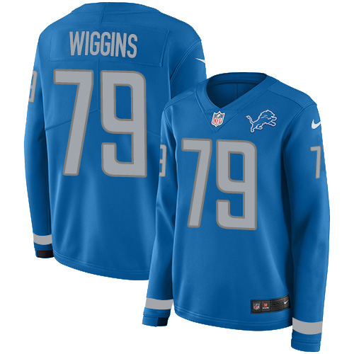 Detroit Lions #79 Kenny Wiggins Blue Team Color Women's Stitched Limited Therma Long Sleeve Jersey Womens