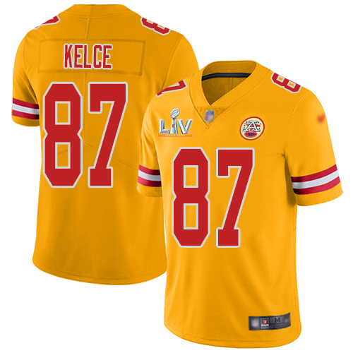 Chiefs #87 Travis Kelce Gold Men's Super Bowl LV Bound Stitched Limited Inverted Legend Jersey