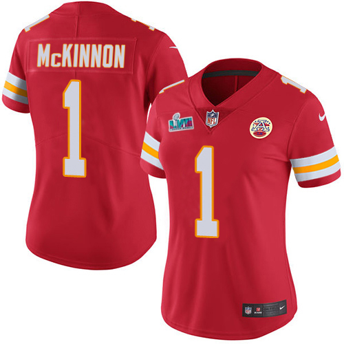 Chiefs #1 Jerick McKinnon Red Team Color Super Bowl LVII Patch Women's Stitched Vapor Untouchable Limited Jersey