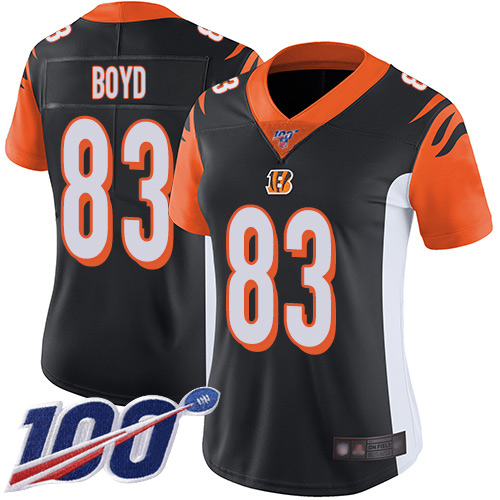 Bengals #83 Tyler Boyd Black Team Color Women's Stitched 100th Season Vapor Limited Jersey
