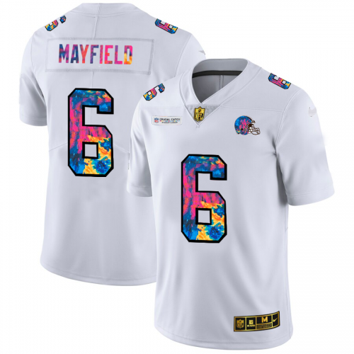 Cleveland Cleveland Browns #6 Baker Mayfield Men's White Multi-Color 2020 Crucial Catch Limited Jersey Men's