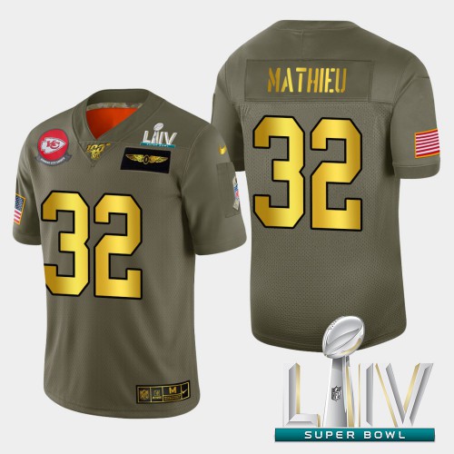 Kansas City Kansas City Chiefs #32 Tyrann Mathieu Men's Olive Gold Super Bowl LIV 2020 2019 Salute to Service Limited 100 Jersey Men's