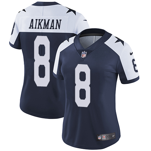 Dallas Cowboys #8 Troy Aikman Navy Blue Thanksgiving Women's Stitched Vapor Untouchable Limited Throwback Jersey Womens