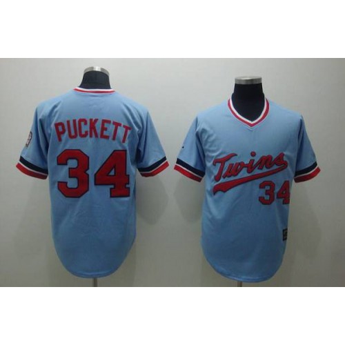 Mitchelland Ness Minnesota Twins #34 Kirby Puckett Stitched Light Blue Throwback Jersey Men's