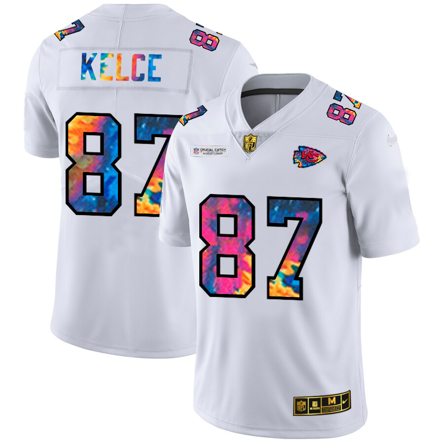 Kansas City Chiefs #87 Travis Kelce Men's White Multi-Color 2020 Crucial Catch Limited Jersey