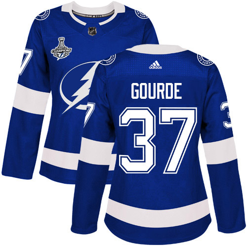 Adidas Tampa Bay Lightning #37 Yanni Gourde Blue Home Authentic Women's 2020 Stanley Cup Champions Stitched Jersey Womens