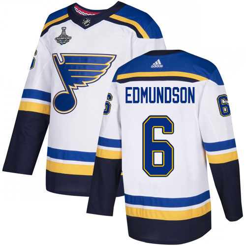 Adidas St. Louis Blues #6 Joel Edmundson White Road Authentic 2019 Stanley Cup Champions Stitched Jersey Men's