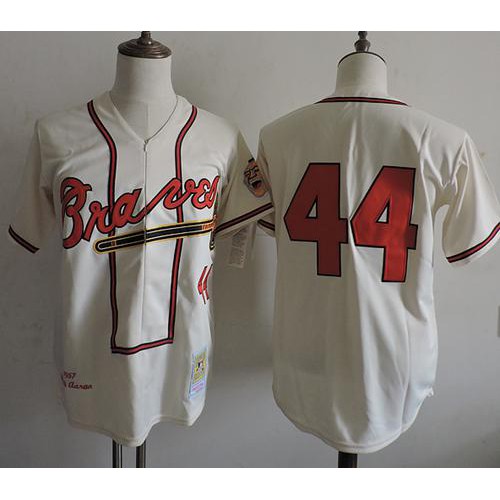 Mitchell And Ness 1957 Atlanta Braves #44 Hank Aaron Cream Throwback Stitched Jersey Men's