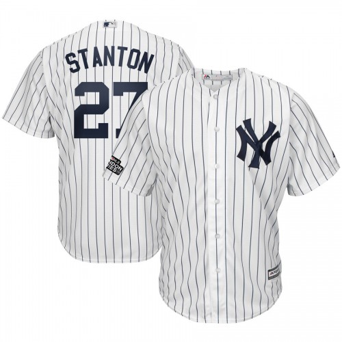 New York New York Yankees #27 Giancarlo Stanton Majestic 2019 London Series Cool Base Player Jersey White Navy Men's