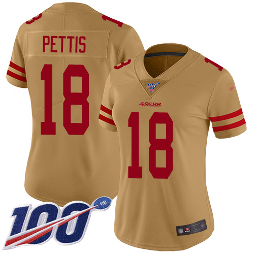 San Francisco 49ers #18 Dante Pettis Gold Women's Stitched Limited Inverted Legend 100th Season Jersey Womens