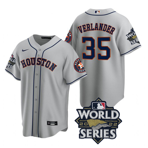 Houston Astros #35 Justin Verlander Men's 150th Anniversary 2022 World Series Game Jersey - Gray