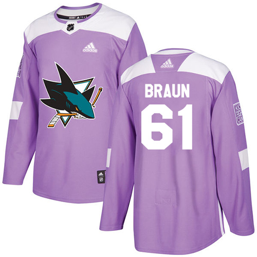 Adidas San Jose Sharks #61 Justin Braun Purple Authentic Fights Cancer Stitched Jersey Men's