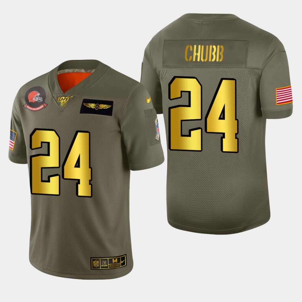 Browns #24 Nick Chubb Men's Olive Gold 2019 Salute To Service 100 Limited Jersey