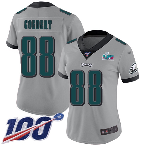 Eagles #88 Dallas Goedert Silver Super Bowl LVII Patch Women's Stitched Limited Inverted Legend 100th Season Jersey