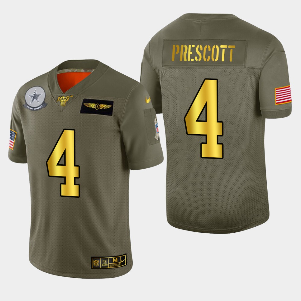Dallas Cowboys #4 Dak Prescott Men's Olive Gold 2019 Salute To Service Limited 100 Jersey