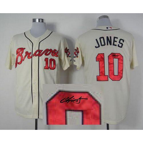 Atlanta Braves #10 Chipper Jones Cream Cool Base Autographed Stitched Jersey Men's