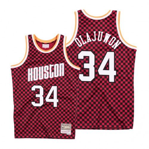 Mitchell & Ness Houston Rockets #34 Hakeem Olajuwon Red Checkerboard HWC Throwback Jersey Mens