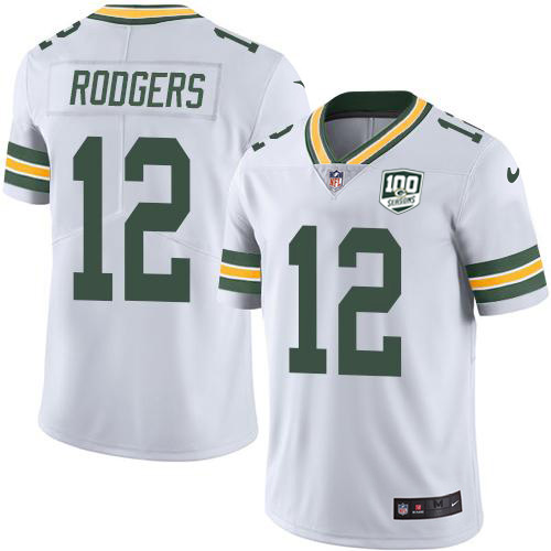 Packers #12 Aaron Rodgers White Men's 100th Season Stitched Vapor Untouchable Limited Jersey