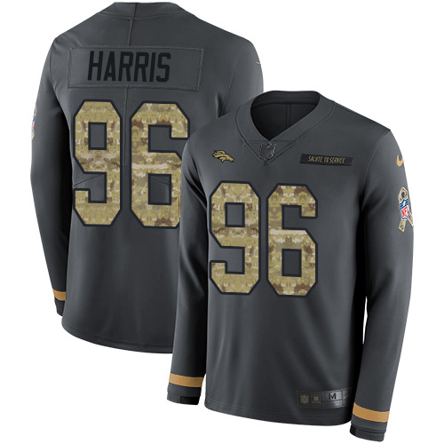 Denver Broncos #96 Shelby Harris Anthracite Salute to Service Men's Stitched Limited Therma Long Sleeve Jersey Men's