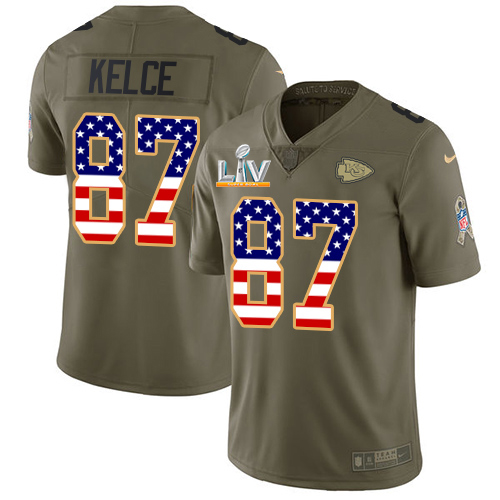 Chiefs #87 Travis Kelce Olive/USA Flag Youth Super Bowl LV Bound Stitched Limited 2017 Salute To Service Jersey