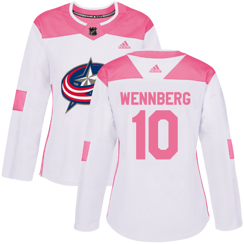Adidas Columbus Blue Jackets #10 Alexander Wennberg White/Pink Authentic Fashion Women's Stitched Jersey Womens
