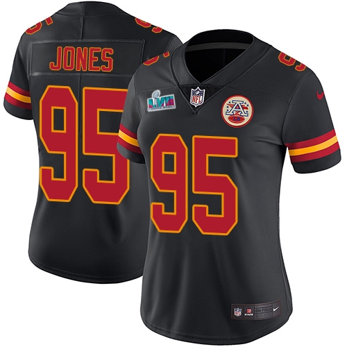 Chiefs #95 Chris Jones Black Super Bowl LVII Patch Women's Stitched Limited Rush Jersey