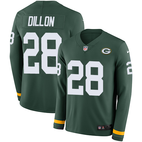 Packers #28 AJ Dillon Green Team Color Youth Stitched Limited Therma Long Sleeve Jersey