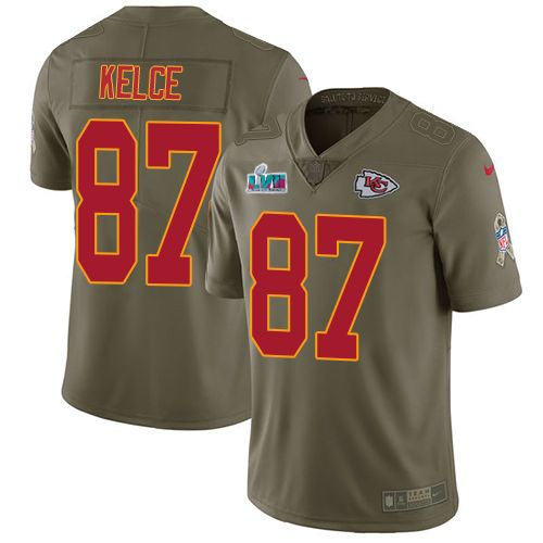 Chiefs #87 Travis Kelce Olive Super Bowl LVII Patch Men's Stitched Limited 2017 Salute To Service Jersey
