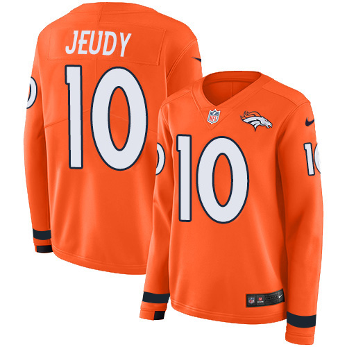 Broncos #10 Jerry Jeudy Orange Team Color Women's Stitched Limited Therma Long Sleeve Jersey