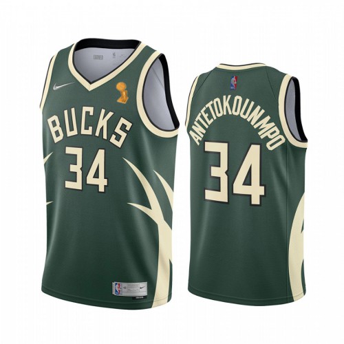Milwaukee Bucks #34 Giannis Antetokounmpo 2021 Finals Champions Swingman Earned Edition Jersey Green Mens