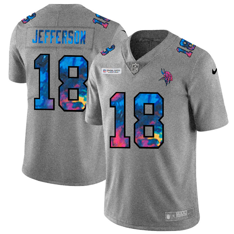 Minnesota Vikings #18 Justin Jefferson Men's Multi-Color 2020 Crucial Catch Jersey Greyheather