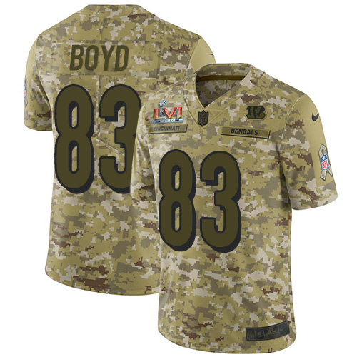 Bengals #83 Tyler Boyd Camo Super Bowl LVI Patch Men's Stitched Limited 2018 Salute To Service Jersey
