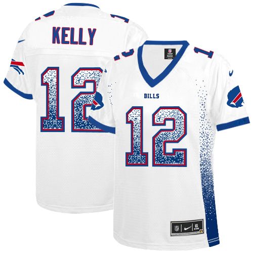 Bills #12 Jim Kelly White Women's Stitched Elite Drift Fashion Jersey