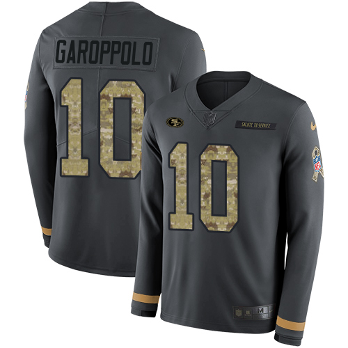 49ers #10 Jimmy Garoppolo Anthracite Salute To Service Youth Stitched Limited Therma Long Sleeve Jersey