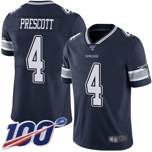 Cowboys #4 Dak Prescott Navy Blue Team Color Youth Stitched 100th Season Vapor Limited Jersey