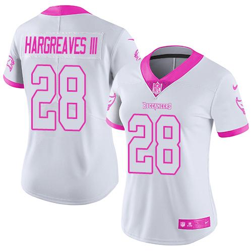Tampa Bay Buccaneers #28 Vernon Hargreaves III White/Pink Women's Stitched Limited Rush Fashion Jersey Womens